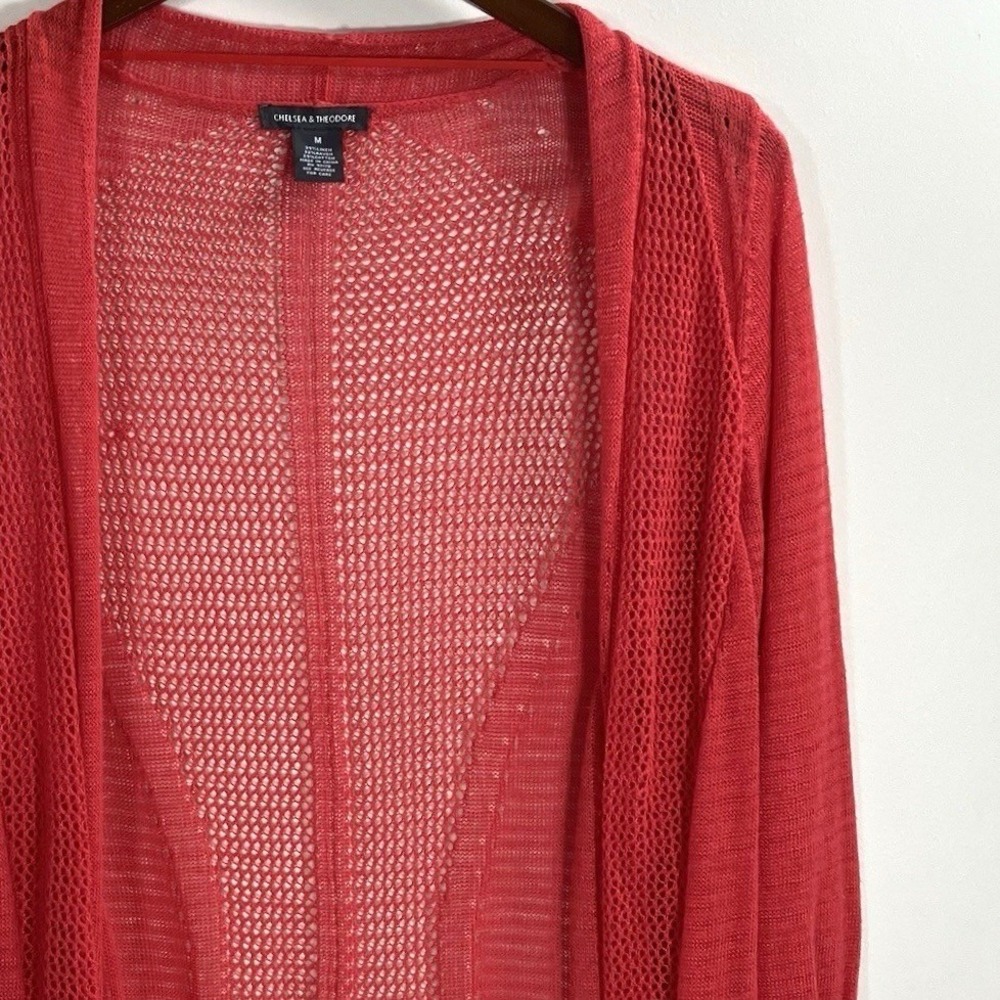 Chelsea & Theodore Cardigan Coral Red Linen Blend Open Front Mesh‎ Womens M